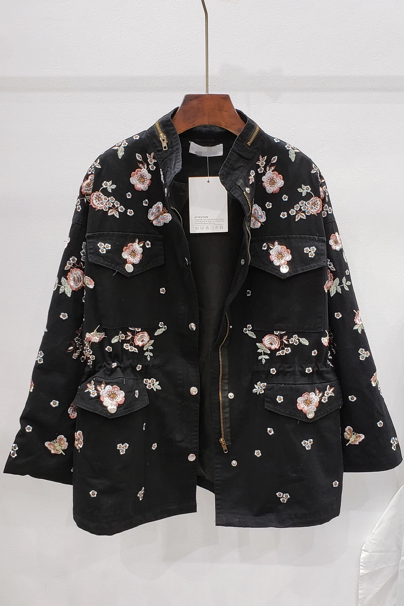 

QING MO Black Green Women Temperament Coat 2021 Spring Autumn Women Flower Embroidery Coat Female Drawstring Coat ZQY4906