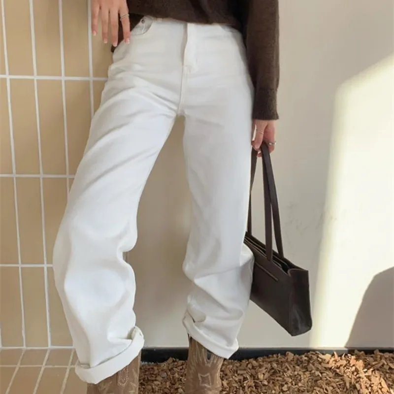 

HziriP Vintage OL Work Wear High Waist Wide Leg White Denim Pants Women 2021 New Arrival Autumn Spring Jeans Trousers Femme