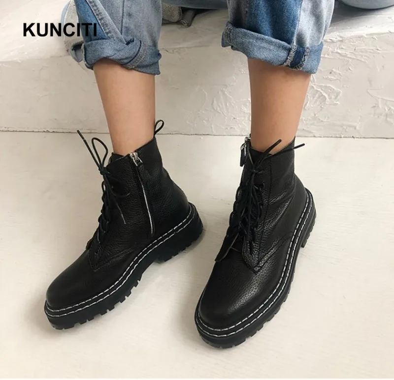 Black Lychee Plush KUNCITI/; женские ботильоны на шнуровке; обувь martin из натуральной кожи; ботинки-гладиаторы в стиле суперзвезды; Новинка; большие размеры 34-43; D937 - Цвет: Black Lychee Plush