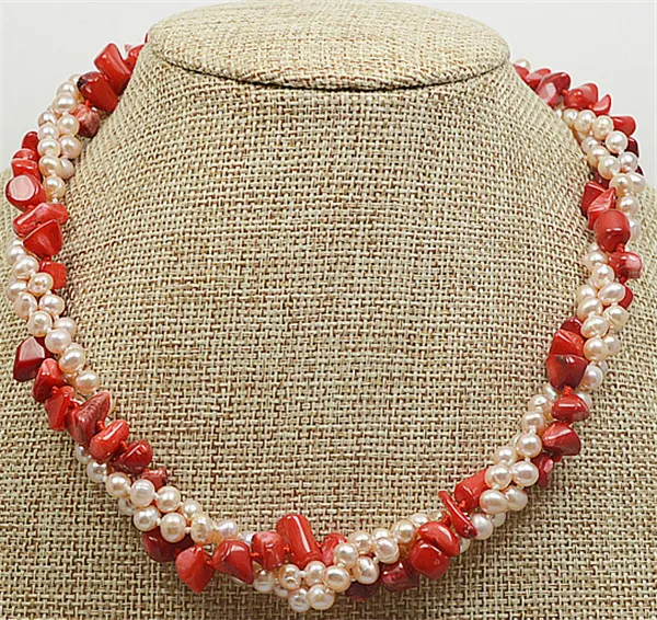 

HABITOO Fashion 3 Row Natural 6-7MM Pink Freshwater Pearl Red Corals Baroque Choker Handmade Necklace for Women Jewelry Gifts