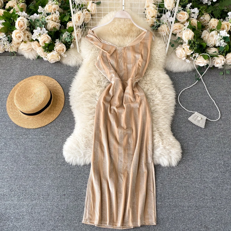 

New Chic V-neck Hot Drill Rhinestones Ruched Velvet Dress Women Sexy Slit Medium Long Velvet Tank Dress