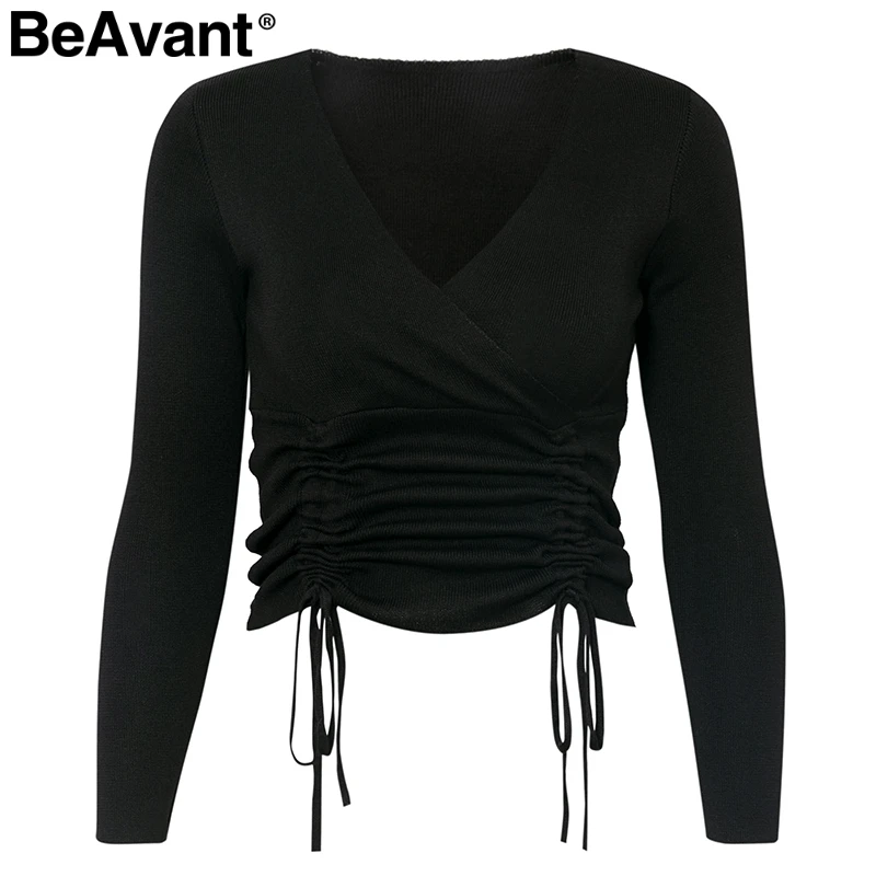 BeAvant Sexy v-neck women knitted pullover sweater Autumn winter long sleeve female Drawstring streetwear ladies jumper | Женская одежда