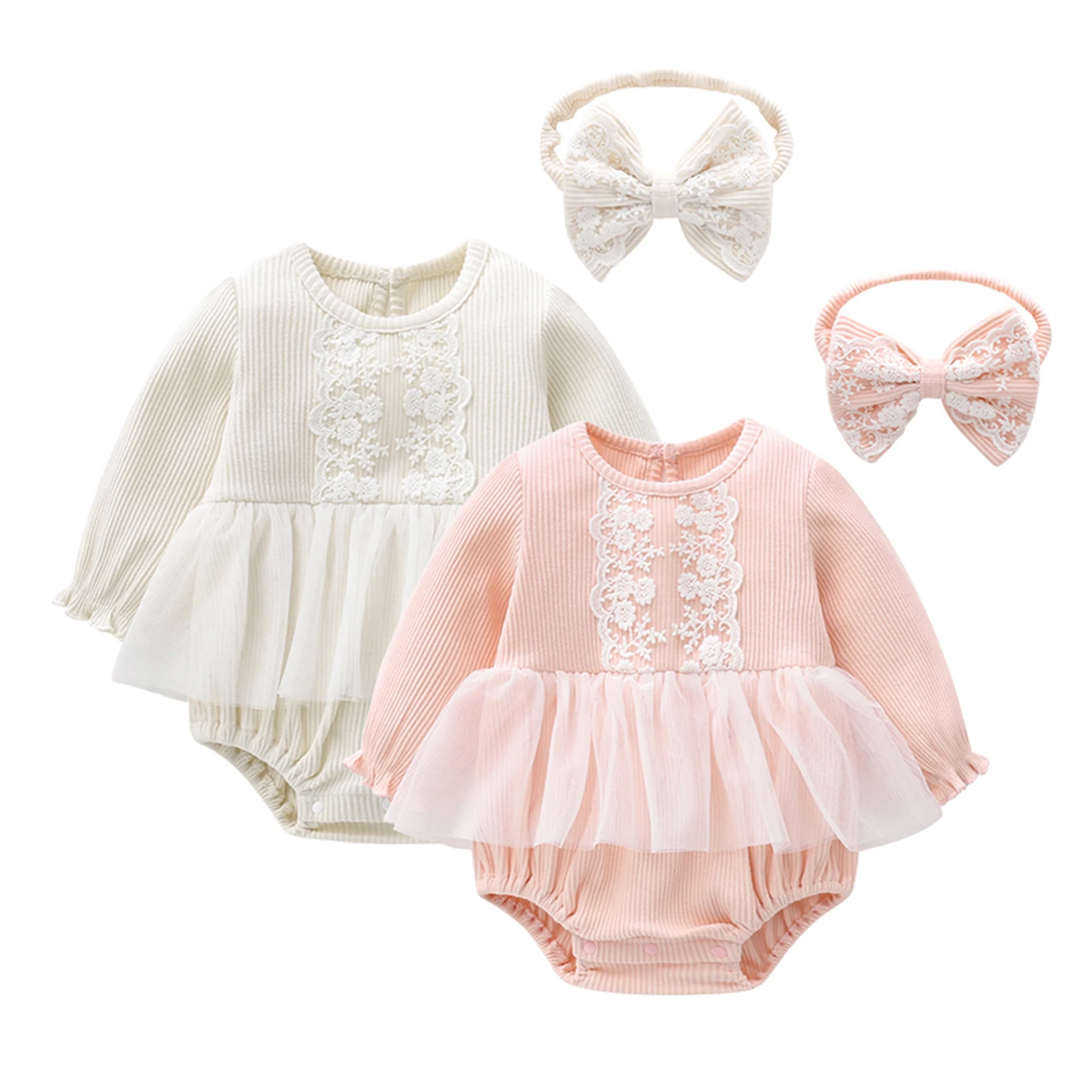 

Spring Kids Baby Long Sleeve Round Neck Bodysuit with Bow Headdress Mesh Lace Stitching Princess Costume Casual Set 2021 New
