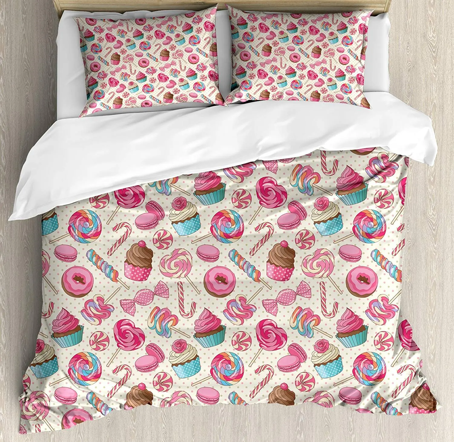 

Candy Cane Bedding Set Yummy Sweet Lollipop Candy Macaroon Cupcake and Donut on Polka Dots Pattern Duvet Cover Pillowcase