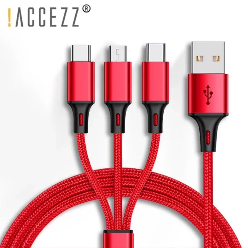 ! Нейлоновый зарядный USB кабель ACCEZZ 3 в 1 для iPhone 12 11 MAX XR Micro Type C Зарядные Кабели