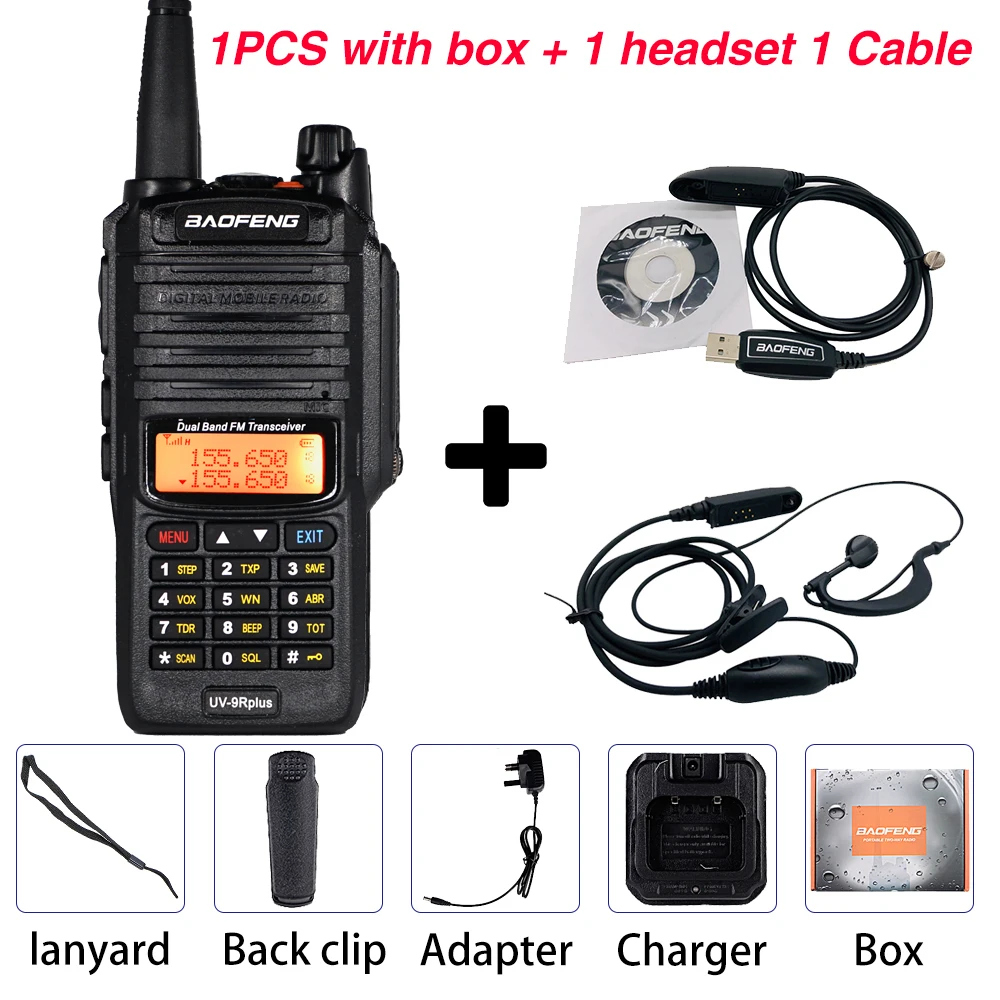 Add 1cable 1ear Мощный 10 Вт Baofeng UV-9R plus Walkie Talkie UV9R портативный CB Ham Радио 9rhp двухдиапазонный КВ трансивер 4800 мАч двухстороннее радио - Цвет: Add 1cable 1ear