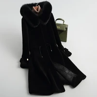 women black long coat soild wool coats loose hooded jeckets fashion winter fox fur collar thicken office lady cashmere overcoats