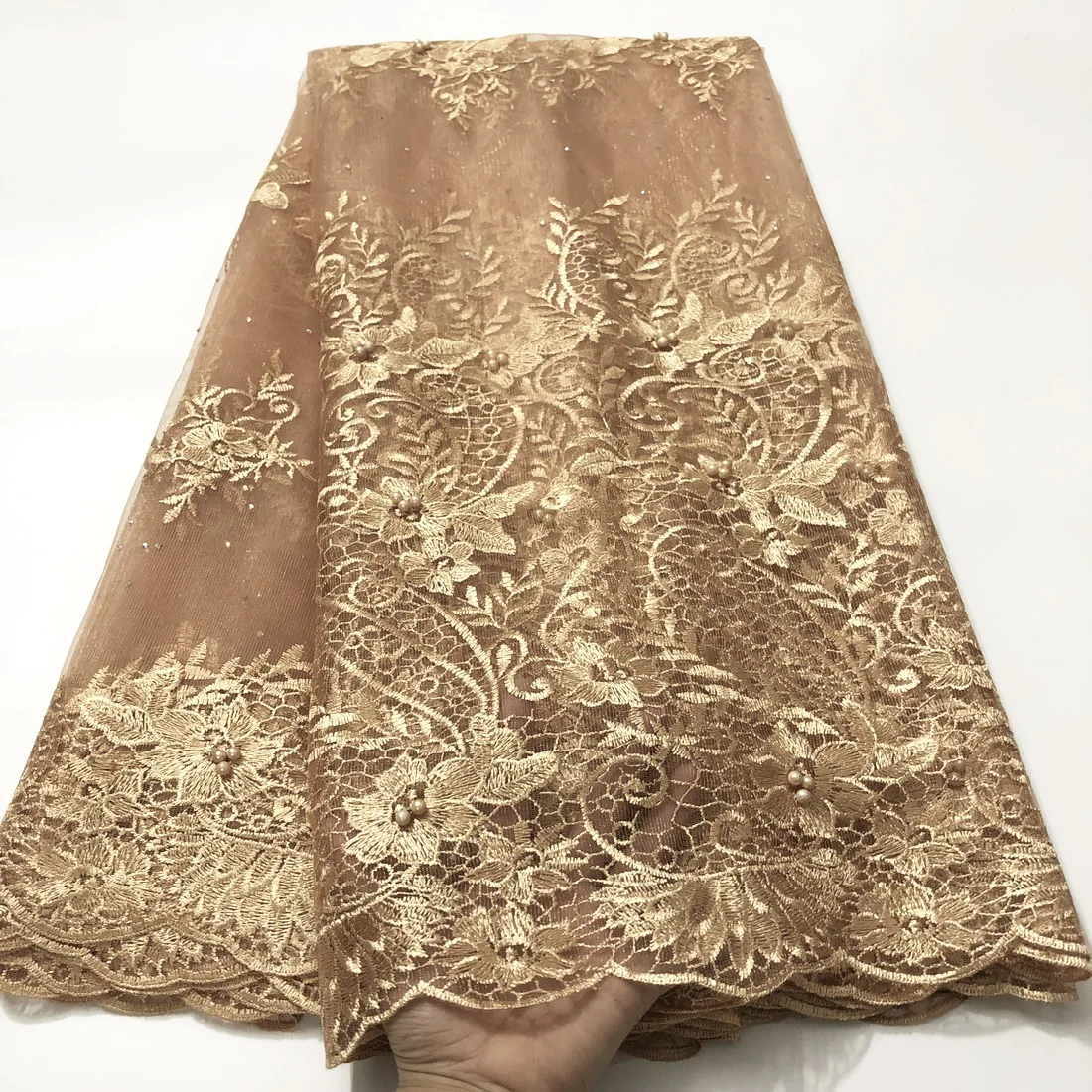 Золотисто-синяя африканская кружевная ткань вышитая нигерийская гипюровая