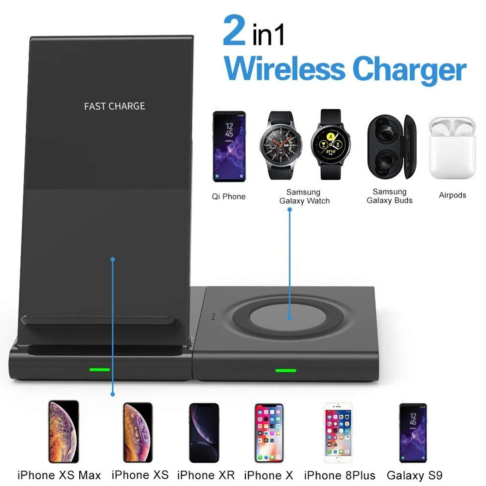 2 в 1 Qi Беспроводная зарядная подставка для док станции iPhone 11 Pro/Xs Max/XS/Xr/X/8 Plus Airpods Pro/2