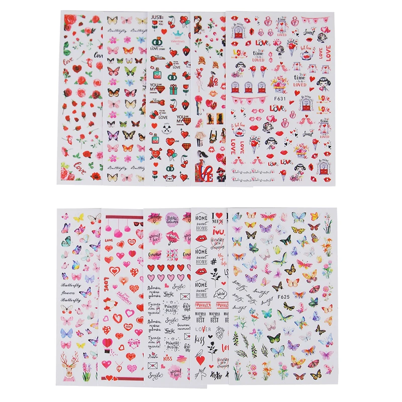 10 шт. Водные Наклейки для нейл-арта Переводные картинки с цветами сердечками