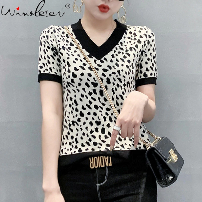 

Summer European Clothes Knit T-shirt Sexy Fashion V-Neck Print Leopard Women Tops Slim Bottoming Shirt Tees New 2021 T13501A