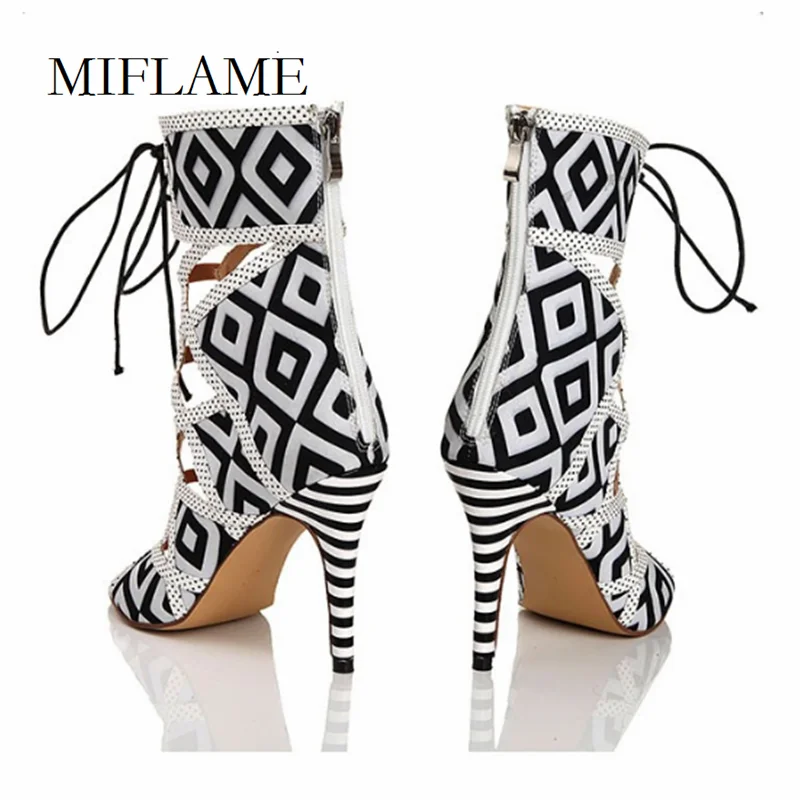 

Sexy Peep Toe Print Gladiator Sandals Women Patchwork Hollow Out Thin Heeled Heels Summer Leisure Lace Up Zipper High Sandals