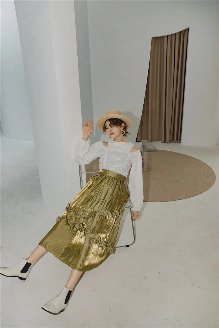 

Gold Glitter Skirt Womens High Waist A Line Long Midi Ladies Skirt Ruched Korean Reflective Skirt Fashion Clothing V178