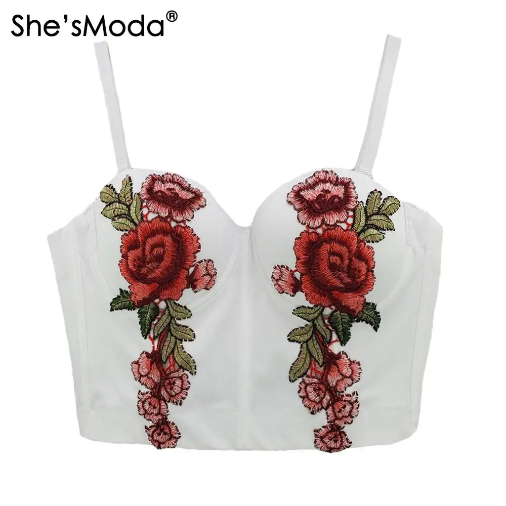 

She'sModa Appliques Embroidery Bustier Push Up Night Club Bralette Women's Floral Bra Cropped Top Vest Corset Plus Size