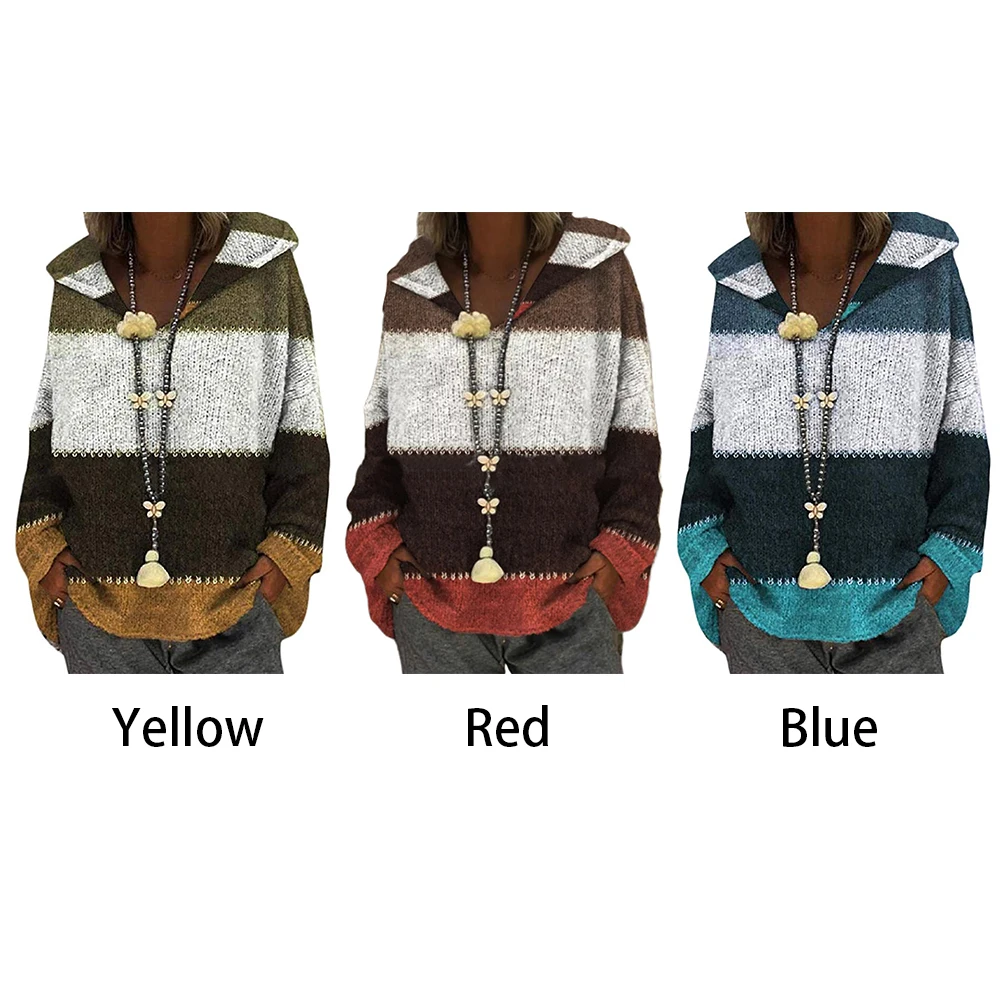 

Fashion Autumn Winter Women Hooded Sweater Color Block Patchwork Warm Loose Casual Pullover Streetwear Knit Tops Long Sleeves