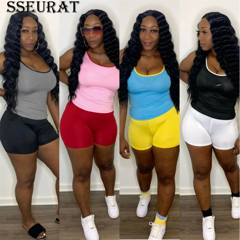 

SSEURAT Women Set Solid Sleeveless Crop Tank Tops Strechy Shorts Two 2 Piece Sets Active Tracksuit Fitness Sporty Outfit Summer