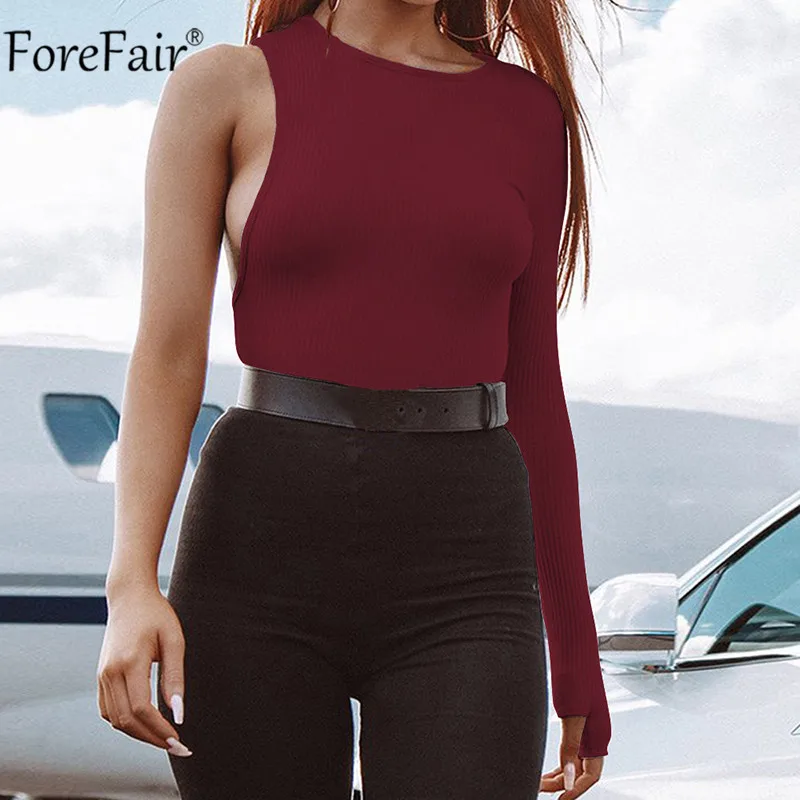 Бургундия Forefair/боди на одно плечо с круглым вырезом и длинным рукавом, весна, Женский трикотажный уличная одежда, черный, белый, сексуальный обтягивающий боди - Цвет: Бургундия