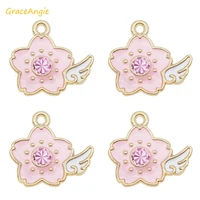 5pcs 10pcs kawaii enamel alloy golden base pink flower wing charms for necklace bracelet pendant diy jewelry findings 1920mm