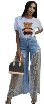 Кружевные сетчатые соединенный внакрой деним брюки женские Звездный принт