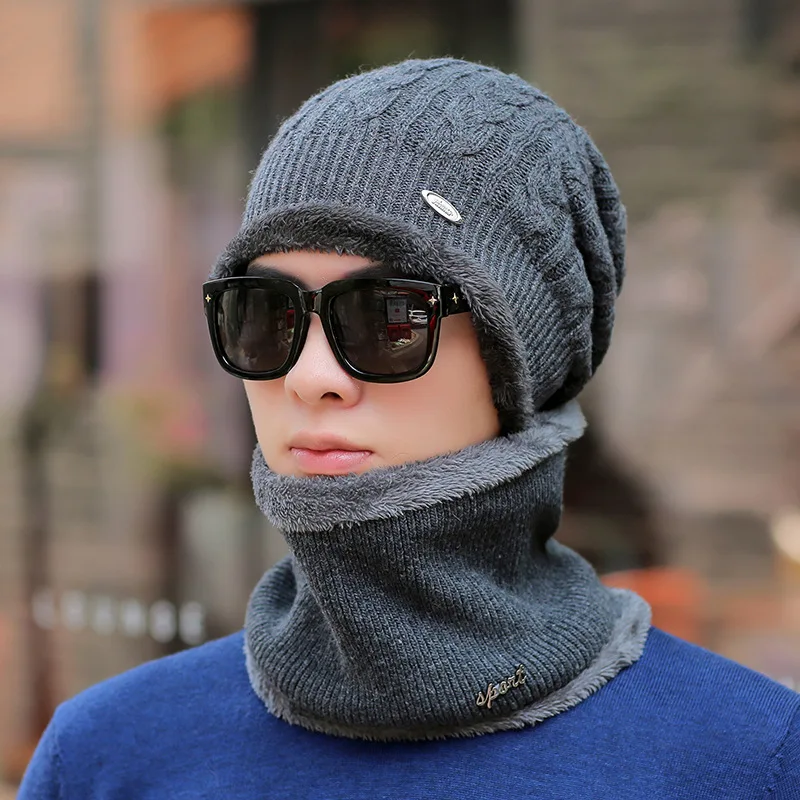 

USPOP 2019 New men hats winter thick skullies 2 pieces velvet lined knitted hats scarf set men's beanies