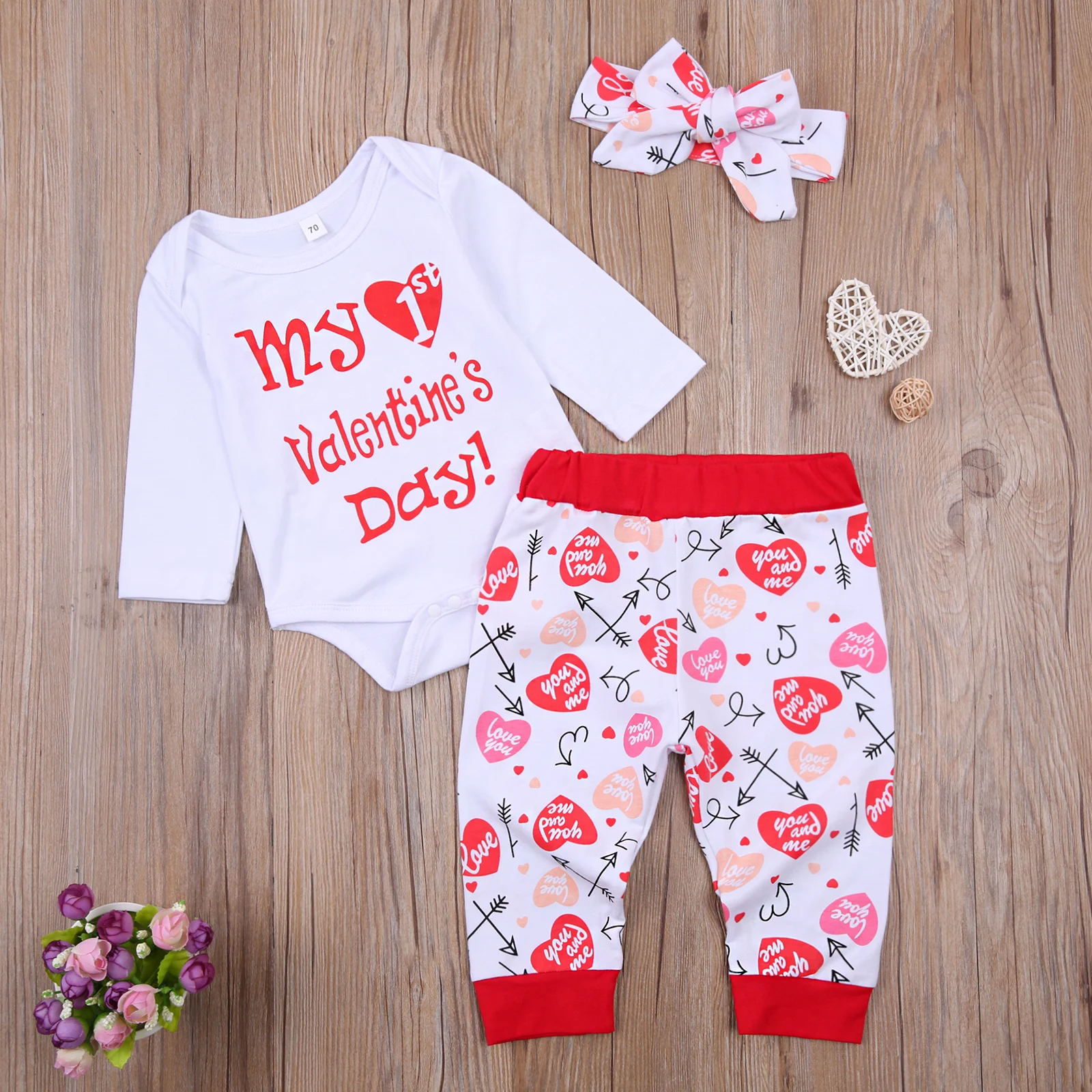 

0-18M My 1st Valentines Day Newborn Baby Girl Clothes Set Summer Cute Infant Girl Letter Romper + Pants Headband Outfits