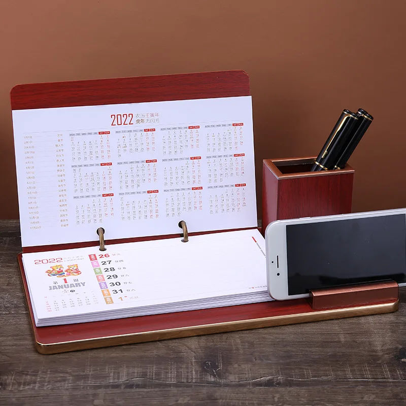 Decoraci&oacute;n de a&ntilde;o de Tigre, marco de calendario de escritorio de madera de negocios, florero de l&aacute;piz grande, caja de regalo de decoraci&oacute;n, Plan antiguo 2022-2