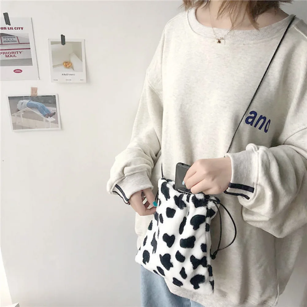 

Plush Drawstring Shoulder Messenger Bags Women Cow Milk Print Sling Money Pouch Youth Ladies Simple Versatile Bag