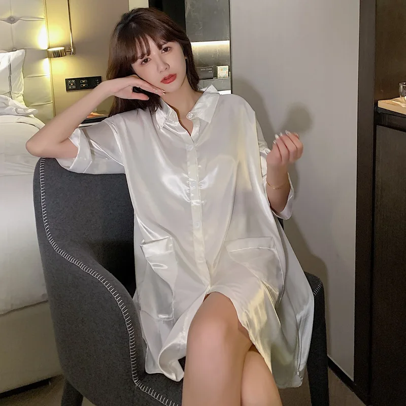 2021 Spring Summer New Home Clothes Short Sleeve Nightdress Women's Simple Style Solid Color Sexy Nightgown Female Sleepwear