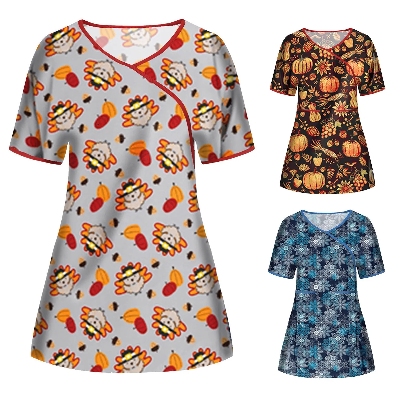 

Women Short Sleeve V-neck Tops Working Uniform Christmas Thanksgiving Blouse Plus Size