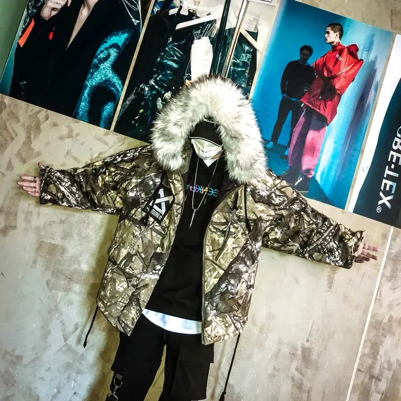 Popular Style Man's Cotton Parkas Vintage Printed with Faux Fur Collar Trend Outerwear Coat & Jacket for Male Plus Big Size XXXL