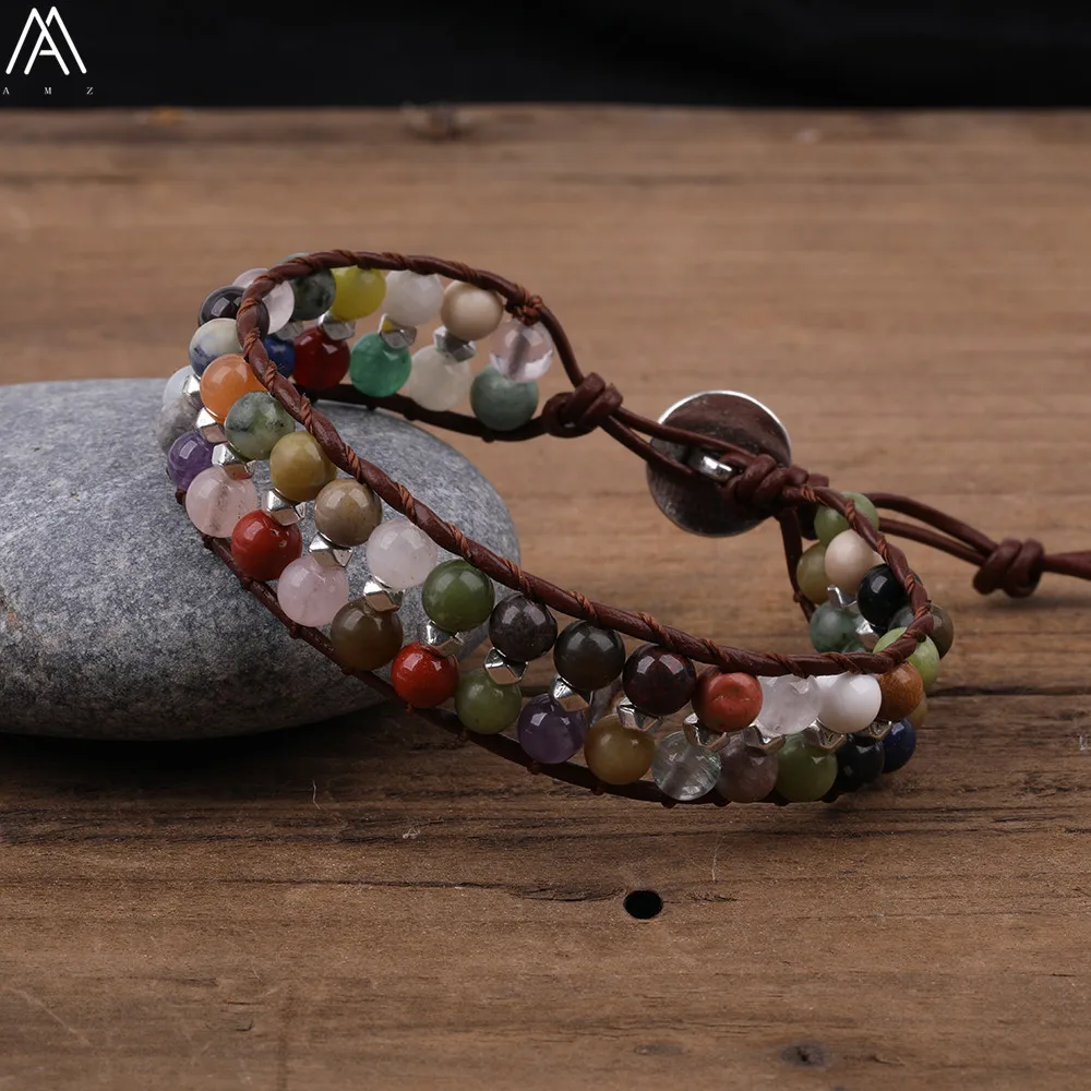 Boho натуральные камни бисер серебряного цвета кожаный браслет 6 мм круглые