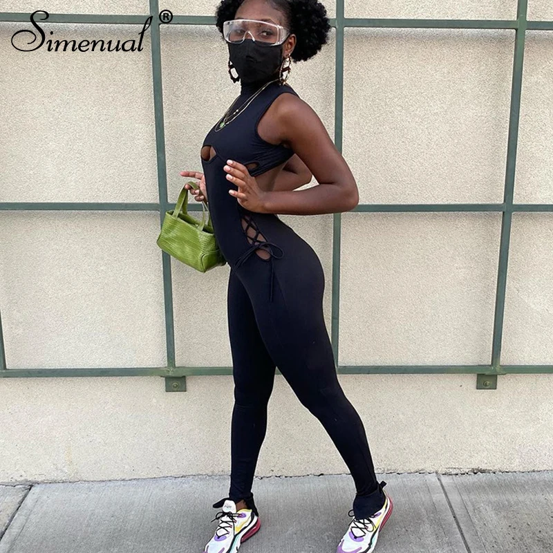 

Simenual Sporty Cut Out Lace Up Casual Rompers Womens Jumpsuit Backless Sleeveless Black Workout Mock Neck Overalls Tight Outfit