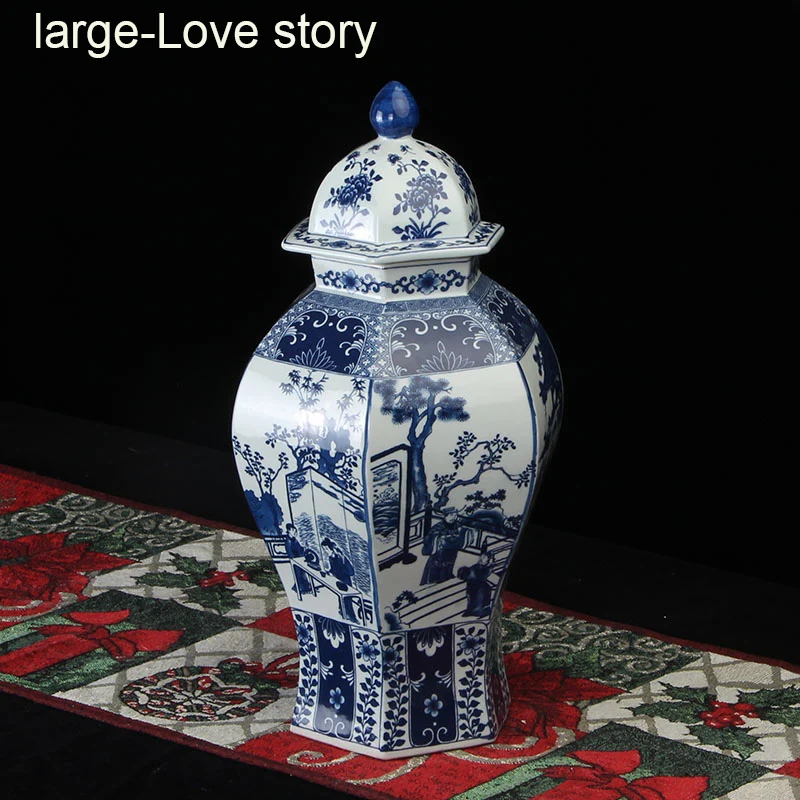 Большая сине белая фарфоровая Имбирная банка история любви китайская ваза с