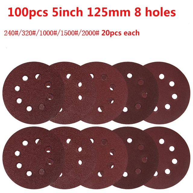 

125mm 100pcs Sandpaper Round Shape Sanding Discs Hook Loop Sanding Paper Buffing Sheet Sandpaper 8 Hole Sander Polishing Pad