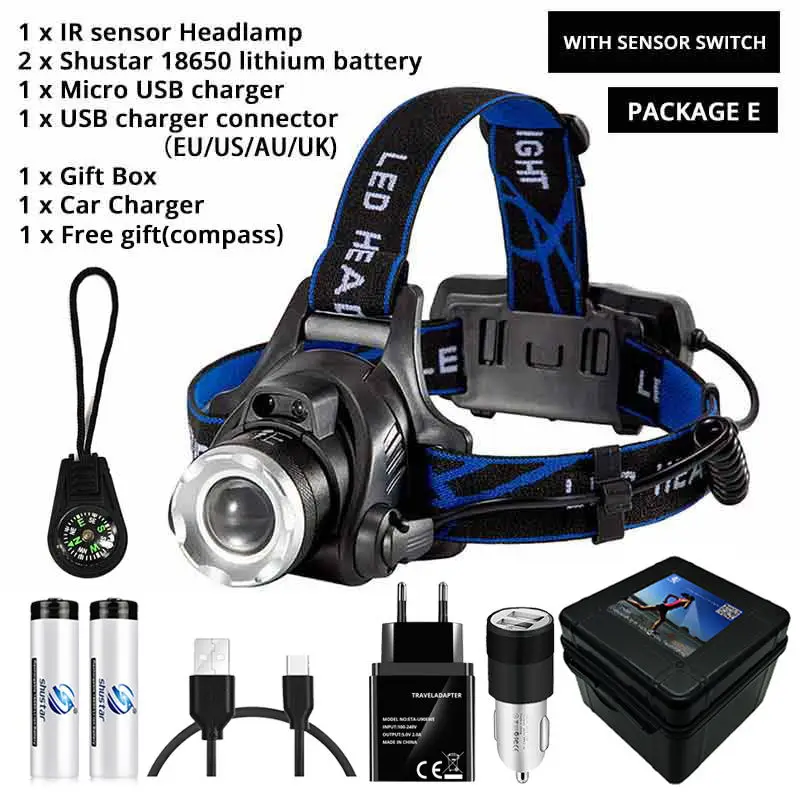 Светодиодный налобный фонарь рыболовный головной светильник T6/L2/V6 3 режима масштабируемый водонепроницаемый супер яркий походный светильник с питанием от 2 батареек 18650 - Испускаемый цвет: With sensor-E