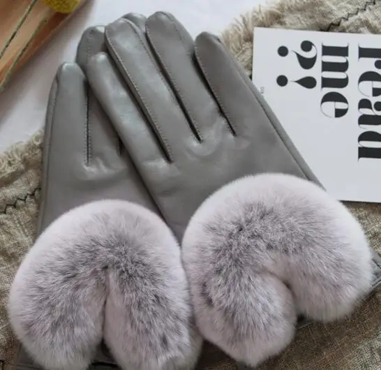 Женские зимние перчатки U-образные кожаные с мехом кролика Рекс короткие из