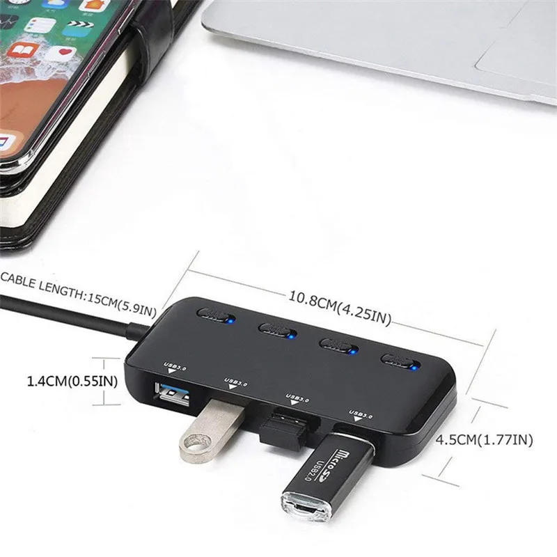 USB 3,0 концентратор 4 порта быстрая скорость ультра-тонкий USB3.0 сплиттер кабель светодиодный индикатор Seperate переключатели для ПК мышь клавиатуры компьютера