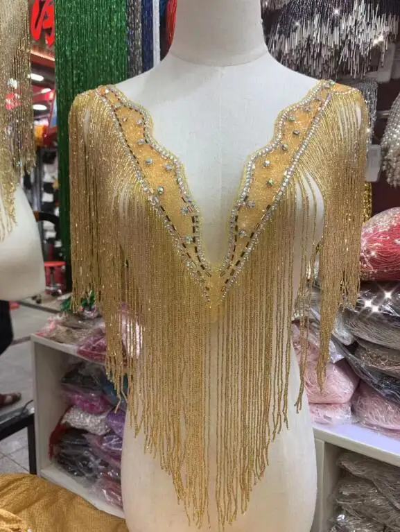 

hot sale ZH-9394 new wedding embroidered crystal rhinestone collar necklace with tassels appliques with fringe