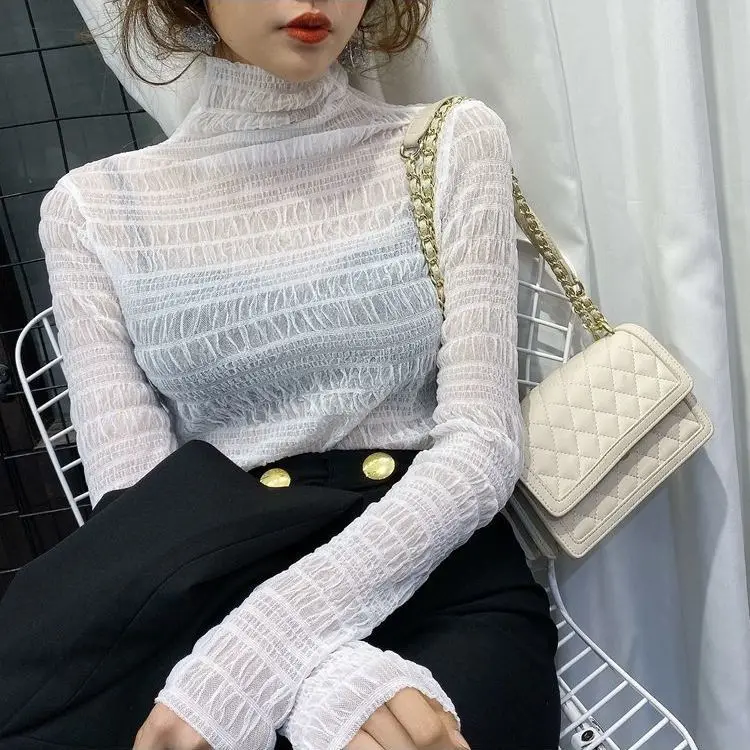 

Blouse Women Heaps Collar Lace Women's Autumn Winter Mesh Long-Sleeved T-shirt Top Blusas Mujer De Moda