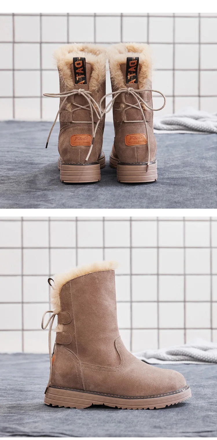 Winter Leather Warm Snow Shoes Women Boots mid-calf Plush Fur Velvet Boots Female shoes Booties Woman Footwear y190