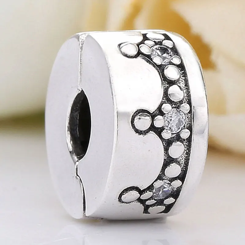

New 925 Sterling Silver Bead Charm Royal Crown With Crystal Clip Lock Stopper Beads Fit pan Bracelet Bangle Diy Jewelry