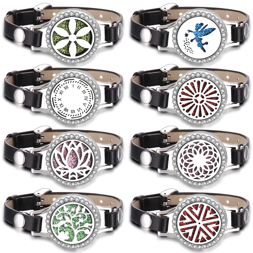 

New Aromatherapy Zircon Bracelets Essential Oil Diffuser Perfume Locket Stainless Steel Leather Bracelet Women Wristband Jewelry