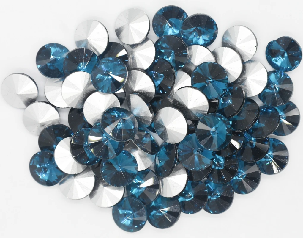 

100pcs/lot Blue Zircon Color 8mm,10mm,12mm,14mm,16mm,18mm,20mm Chinese Top Quality Round Fancy Stone Rivoli glass beads