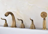 Antique Brass Roman Bathtub Mixer Faucet Set with Handheld Shower Deck Mounted 5 Holes Hot and Cold Taps Ntf242