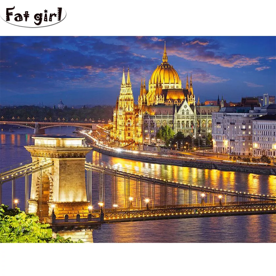 

European architecture full square round 5D diy diamond painting bridge Beautiful night view cross stitch embroidery mosaic decor