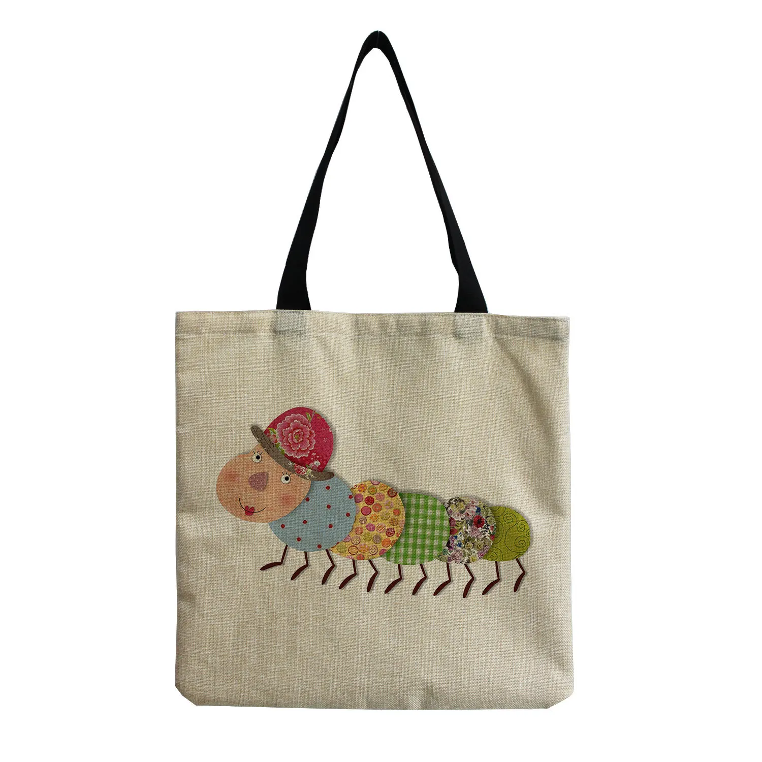 

Cartoon Insect Printed Leisure Shopping Bag For Women Girl Linen Outdoor Beach Shoulder Bag Casual High Quality Foldable Handbag