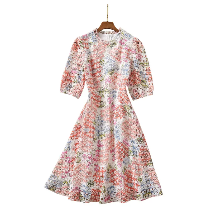 

Rainbow Colorful See Through Hollow Out Holes Round Neck Puff Sleeve A-Line Short Dress