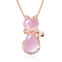 fashion 925 silver rose gold women necklace pendants pink opal cat shape neck chain birthday party gifts fine jewelry dropship