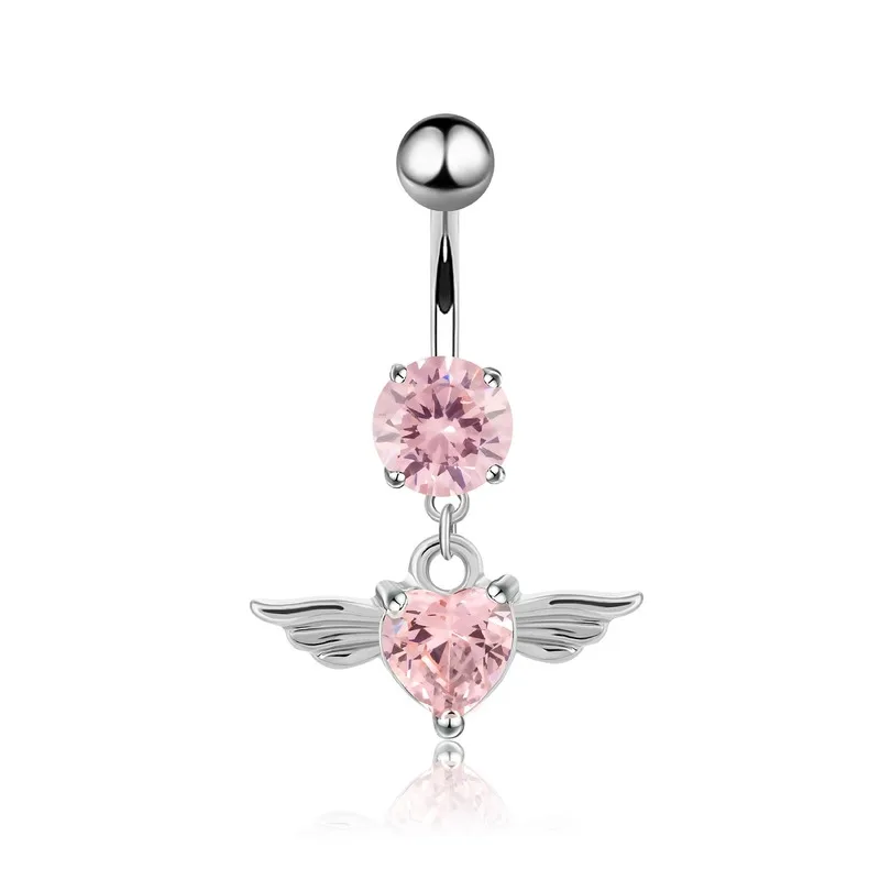 

Angel Wings Feather Zircon Navel Ring Heart-Shaped Belly Button Barbell Crystal body jewelry Dangling Piercing Ring For Woman