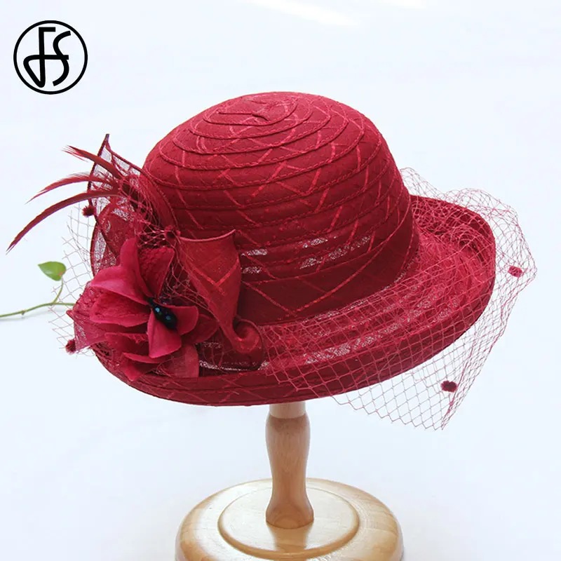

FS Black Church Hat Summer Mesh Caps For Women Ladies Flower Big Wide Brim Elegant Sun Hats For Women Party Wedding Hats
